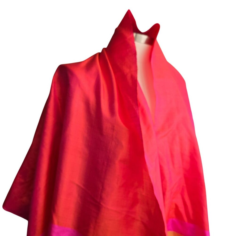Vintage Pink Orange Handwoven Raw Silk Scarf/Shawl With Fuchsia Stripes HS242 - Picture 5 of 10